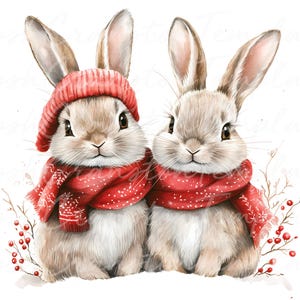 12 Winter Bunny Rabbits Digital Print, Christmas Animal Art, Cute Holiday Bunny Illustration, Festive Rabbit Wall Art, Digital Download