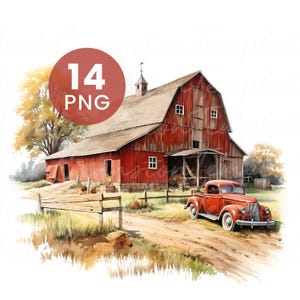 Imágenes prediseñadas de acuarela de granero rojo vintage: escenas de granja PNG (descarga digital)