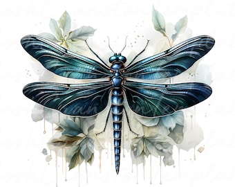 Blue Dragonfly Watercolor Clipart Bundle, Botanical Insect Art (Digital Download)