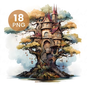 Treehouse Watercolor PNGs – 18 Fantasy Tree Houses for Junk Journal, Digital Download, Paper Craft, High Quality Clipart