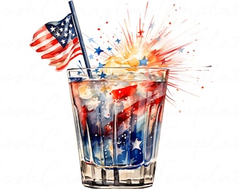 Patriotic Cocktail Watercolor Clipart, 4th of July Drink Illustration (Digital Download)