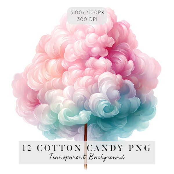 12 Cotton Candy Clipart, PNG with Transparent Background, Watercolor Cotton Candy, Scrapbooking, Planner,Digital Download, Commercial Use