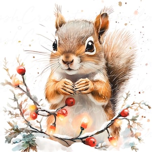 12 Cute Squirrel Christmas Watercolor Art Print, Woodland Animal Wall Decor, Holiday Digital Download, Kids Room Art, Winter Nursery Decor