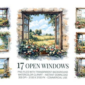 Clipart de janela floral em aquarela: ilustrações de vista de casa de campo (download digital em PNG)