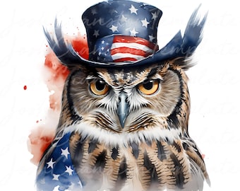 Patriotic Owl Watercolor Clipart Bundle, USA Eagle Art PNG JPG (Digital Download)