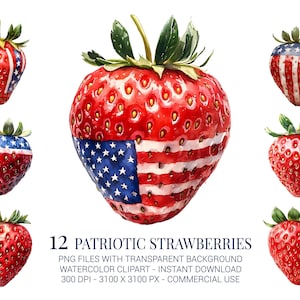 Ensemble de cliparts patriotiques fraises, 12 PNG aquarelles de fruits rouges blancs bleus pour travaux manuels du 4 juillet, autocollants, art de cuisine et sublimation