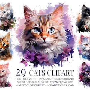 Aquarell Katzen Clipart-Set - 29 entzückende Katzen PNGs | Maine Coon, getigerte Katze, flauschige Kätzchen | Haustier Clip Art Bundle für Aufkleber, Karten, Kunsthandwerk