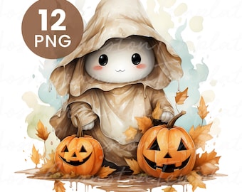 Cute Ghost Watercolor Clipart, Halloween PNGs (Digital Download)