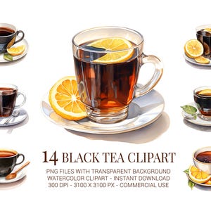 Schwarztee-Clipart-Set, 14 PNG-Aquarellbecher mit Zitronenscheibe, elegante Kräutergetränk-Illustrationen für Branding, Menüs & zum Basteln