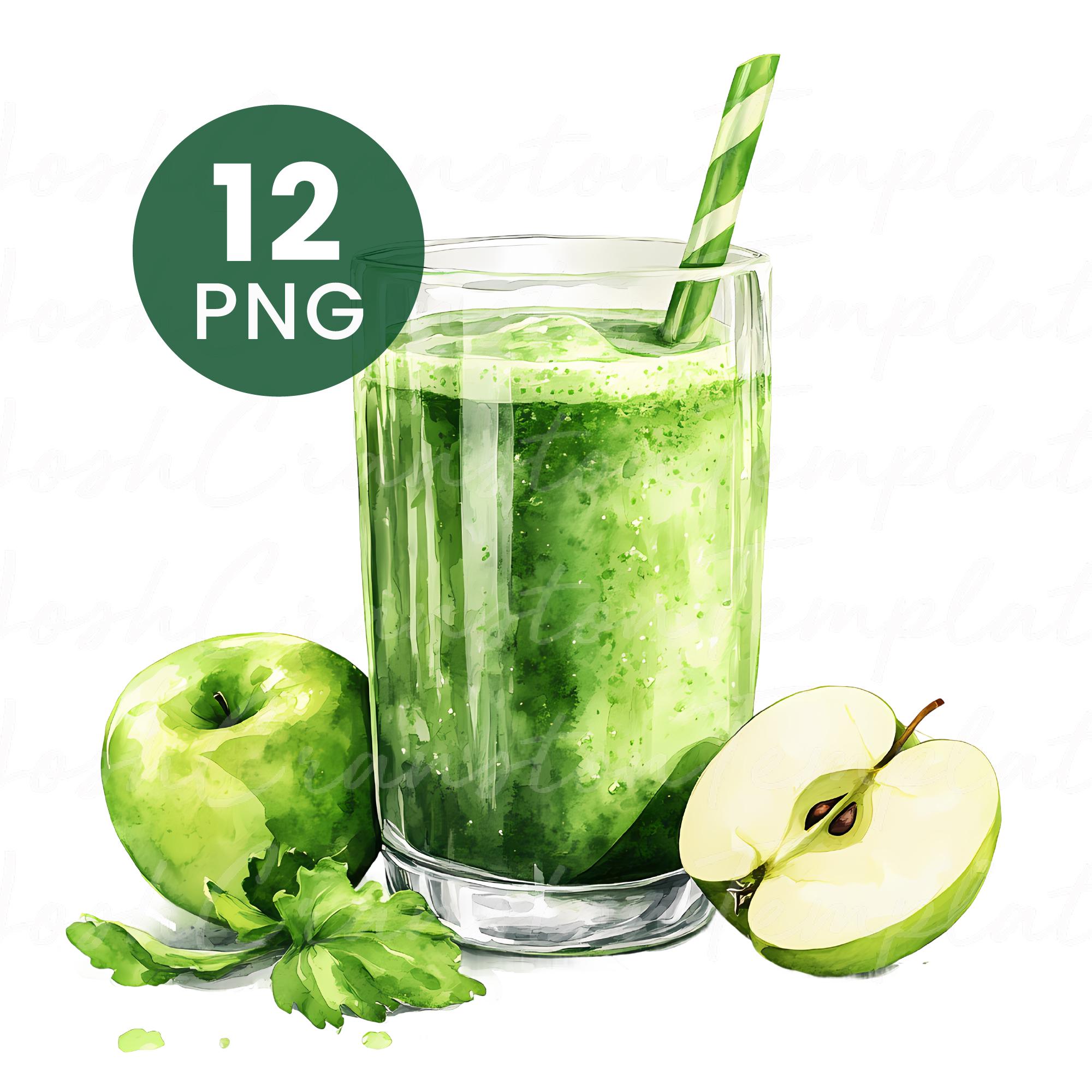 Green Apple Juice Watercolor Clipart: Junk Journal Pngs (digital