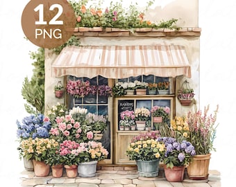 Flower Shop Front Watercolor Clipart PNG Set