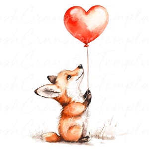 12 niedlichen Fuchs hält Herz Ballon Digital Download, Tier Kunstdruck, Valentine Liebe Illustration, romantische Dekoration, Hochzeitsgeschenk, Wand Kunst