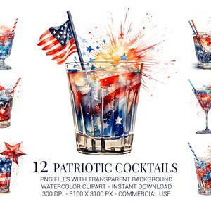 Clipart di cocktail patriottici, 12 PNG acquerellati di bevande rosse, bianche e blu con fuochi d'artificio per decorazioni e lavoretti per la festa del 4 luglio