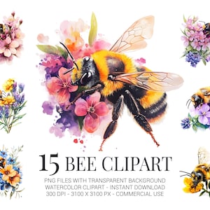 Bee Clipart Set - 15 Watercolor Bumblebee & Honeybee PNGs with Flowers - Spring Bee Art for Crafts, Stickers, Sublimation and Decor