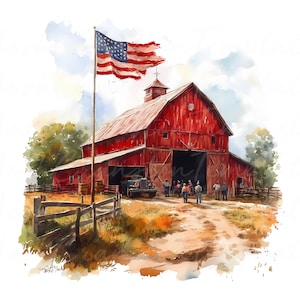Patriotic Barn Watercolor Clipart, Rustic Americana PNG JPG (Digital Download) image 1
