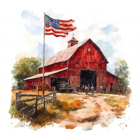 Patriotic Barn Watercolor Clipart, Rustic Americana PNG JPG (Digital Download)