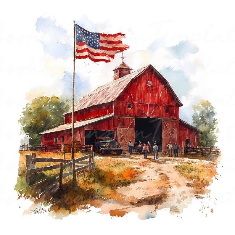 Patriotic Barn Watercolor Clipart, Rustic Americana PNG JPG (Digital Download) image 1