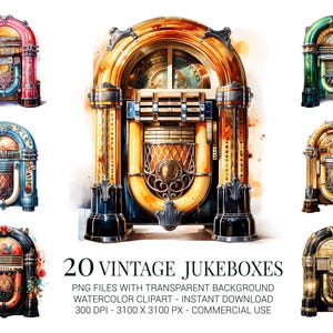 Vintage Jukeboxes Clipart Bundle, 20 Colorful Retro Music Jukebox PNGs for Sublimation, Rockabilly Decor, Crafts & Digital Projects