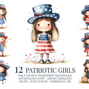 Set di clipart di ragazze patriottiche, 12 graziose ragazze acquerellate in abiti rossi, bianchi e blu in formato PNG per lavoretti, biglietti e progetti di sublimazione del 4 luglio.