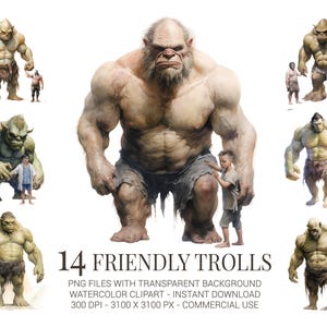 Clipartset Friendly Troll - 14 aquarel zachte trollen met png-bestanden voor kinderen - grillige fantasykunst voor knutselen, verhalenboeken en sublimatie