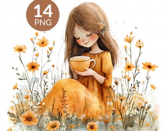 Cozy Autumn Girl Watercolor PNG Set
