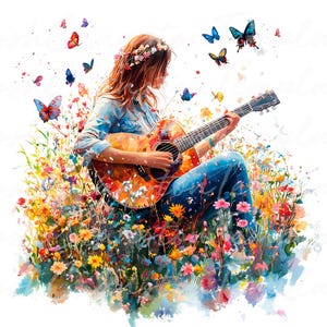 10 cliparts fille guitare printemps, Illustration musique nature, Art des prairies florales, impression numérique papillon, téléchargement printanier