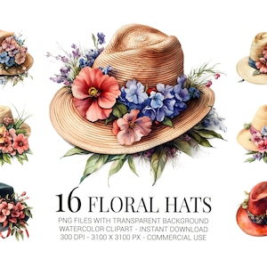 Clipart di cappelli floreali, 16 cappelli estivi acquerellati con fiori colorati per scrapbooking, design di moda, artigianato e inviti