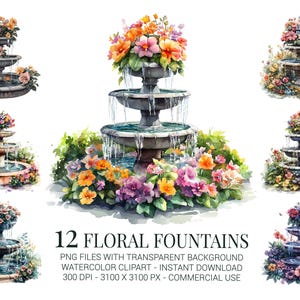 Floral Fountain Clipart Set, 12 Watercolor Garden Fountains PNG, Vintage Floral Water Feature Clip Art for Scrapbooking & Crafts