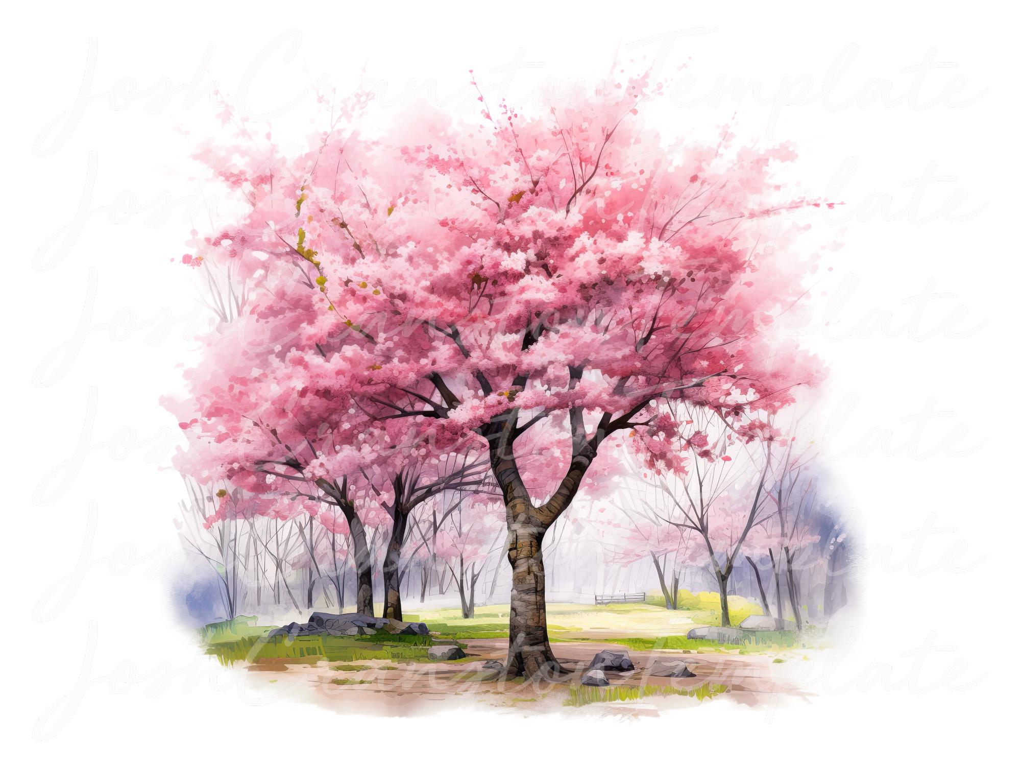水彩画の桜の木のPNG：ジャンクジャーナルクリップアート（デジタル