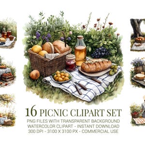 Picnic Clipart Set, 16 Watercolor Illustrations of Rustic Outdoor Picnic Scenes with Food, Baskets & Blankets for Crafts and Decor