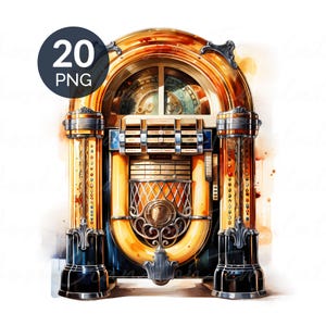 Vintage jukebox aquarel png-set