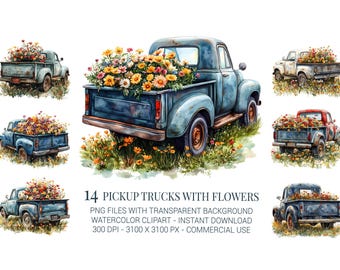 Vintage Truck Spring Flowers Clipart: Watercolor Floral (Digital Download)