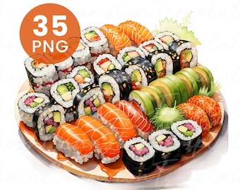 Watercolor Sushi Clipart: Japanese Food Illustrations (Digital Download, 35 PNGs
