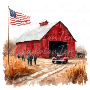 Patriotic Barn Watercolor Clipart, Rustic Americana PNG JPG (Digital Download) image 8