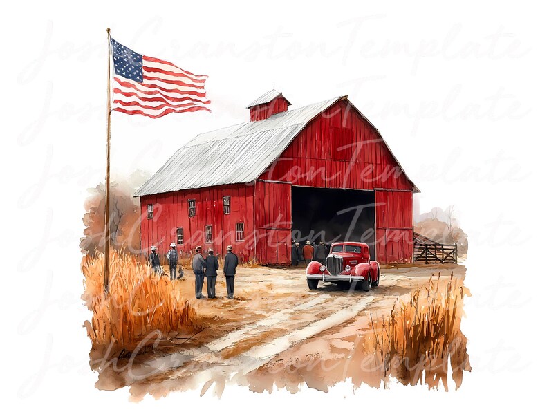 Patriotic Barn Watercolor Clipart, Rustic Americana PNG JPG (Digital Download) image 8
