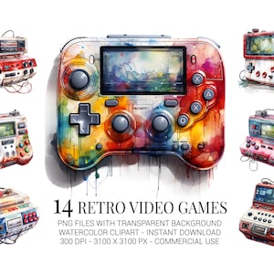 Retro Video Games Clipart Set – 14 Watercolor Gaming Consoles PNGs for Digital Art, Geek Decor, Game Room & Scrapbooking