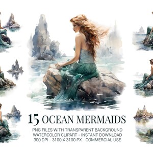 Ocean Mermaid Clipart-Set - 15 Aquarell Meerjungfrauen auf Felsen sitzend PNGs - Sea Fantasy Art für Kunsthandwerk, Dekor, Aufkleber und Sublimation