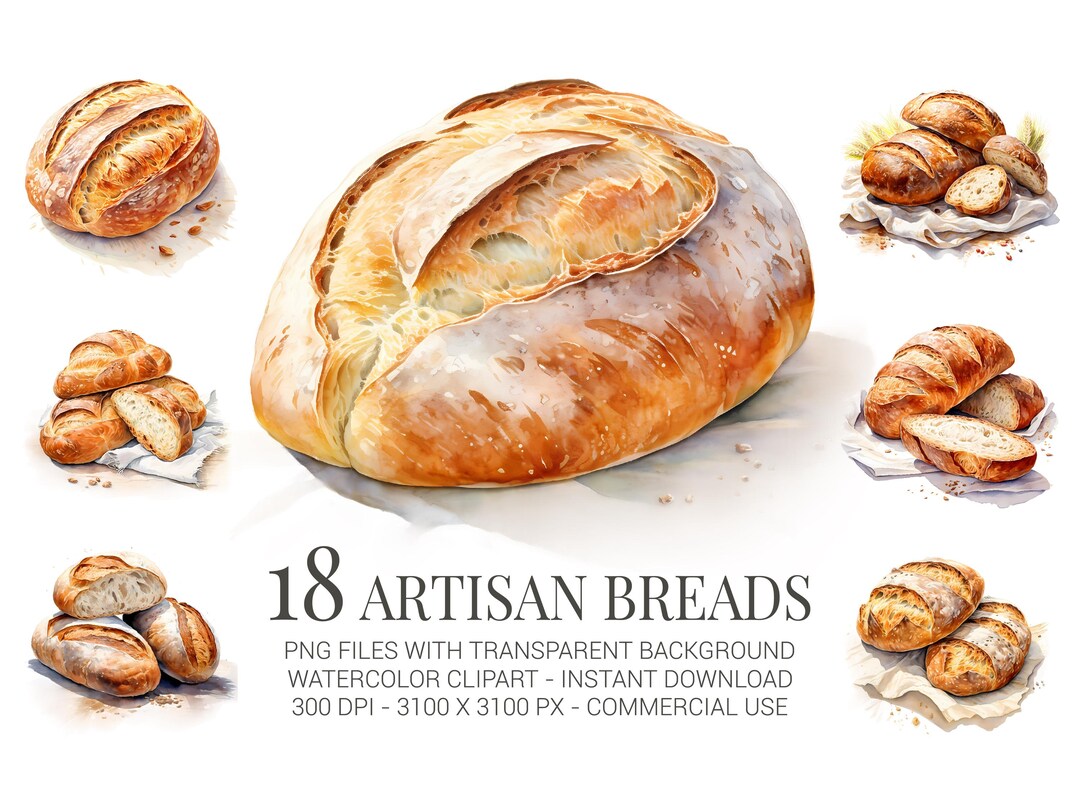 Artisan Breads Clipart, 18 Watercolor Rustic Loaves & Sourdough PNG for ...