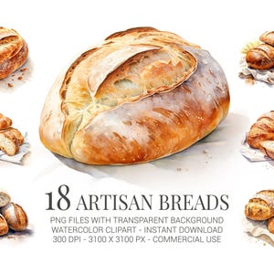 Clipart de pães artesanais, 18 pães rústicos em aquarela e PNG de fermento natural para rótulos de padaria, decoração de cozinha de fazenda e cartões de receita