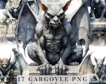 17 Gargoyle Clipart, Watercolor Gargoyle with Transparent background PNG File, Gargoyle Sublimation, Digital Download, Commercial Use