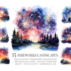 Clipart vuurwerk, landschappen, 15 aquarel nachtscènes met vuurwerk voor 4 juli kaarten, sublimatie, posters en feestkunst