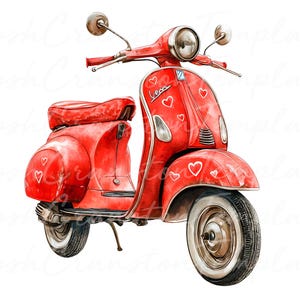 12 Illustrazione di scooter d'epoca, stampa artistica di Vespa retrò, decorazione per San Valentino, arte murale Vespa rossa, download digitale di anniversario