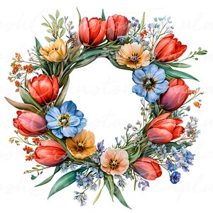 18 lente bloemenkrans digitale clipart, rode tulpen en blauwe bloemen, seizoensgebonden lente-illustraties, bloemenkrans clipart voor ambachten