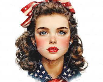 Vintage Patriotic Girl Watercolor Clipart Bundle, Americana Portrait PNG/JPGs (Digital Download)