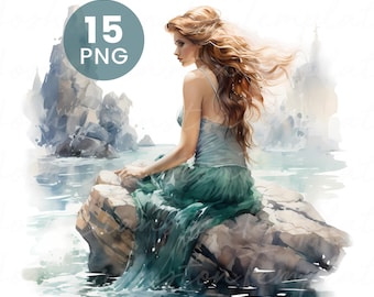 Watercolor Mermaid Clipart: Ocean PNGs for Junk Journals (Digital Download)