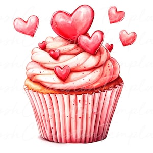 12 cupcake di San Valentino arte digitale, cupcake a forma di cuore rosa stampabile, illustrazione di cupcake nuziale, download digitale di un dessert carino