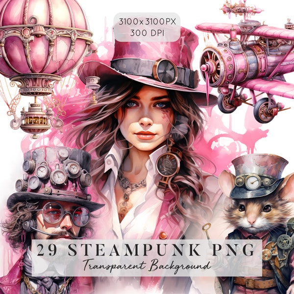 29 Steampunk Clipart, Watercolor Steampunk with Transparent Background PNG File, PInk Steampunk Clipart, Digital Download, Commercial Use