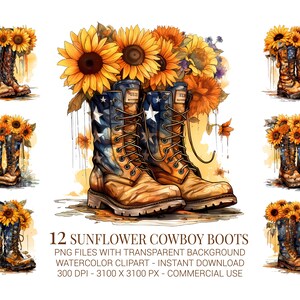 Sunflower Cowboy Boots Clipart: Rustic Watercolor PNGs for Sublimation (Digital Download