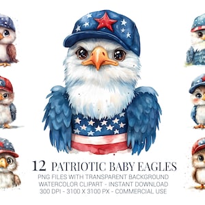 Clipart de filhotes de águia patriótica, 12 ilustrações fofas de águia americana em aquarela em vermelho, branco e azul para camisetas e projetos de artesanato do 4 de julho