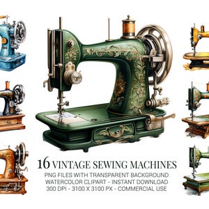 Vintage Sewing Machines Clipart Set – 16 Retro Watercolor PNGs for Seamstress Crafts, Quilting, Fashion Design & Printables